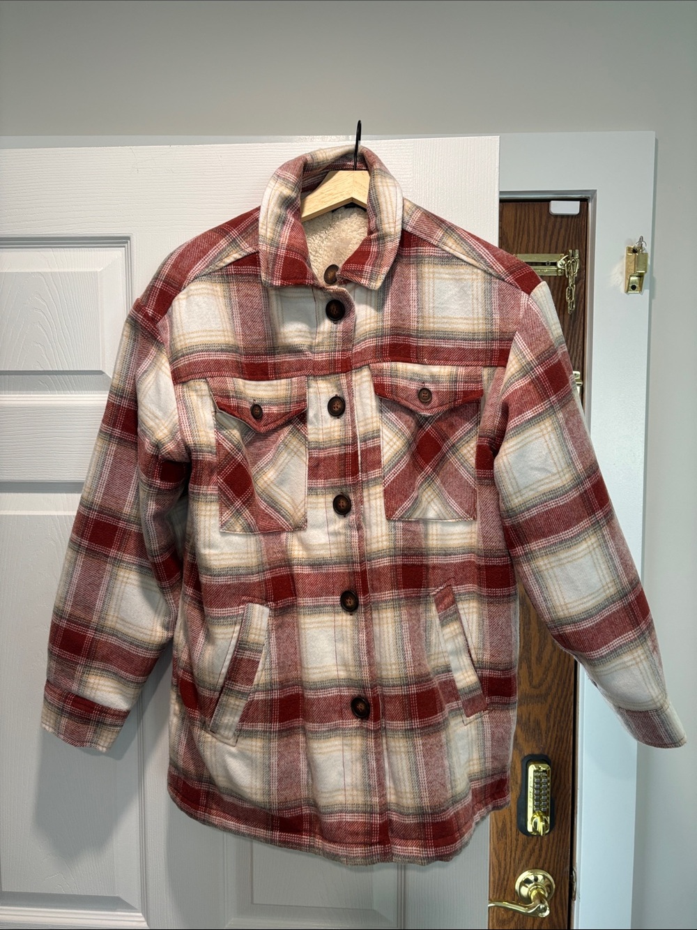 Love Tree Sherpa Lined Plaid Shacket Burgundy Cream Medium